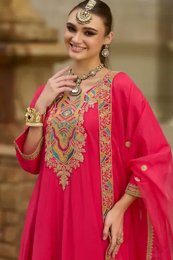 Pink embroidered silk kurta trouser dupatta set