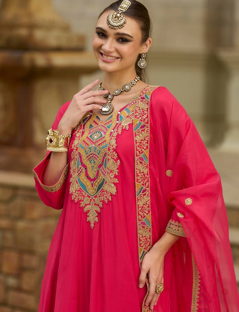 Pink embroidered silk kurta trouser dupatta set
