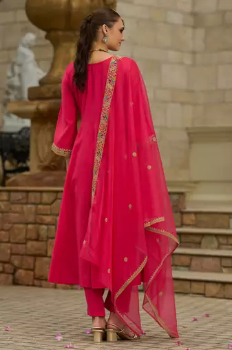 Pink embroidered silk kurta trouser dupatta set