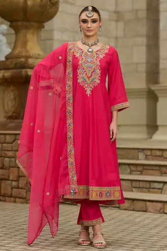Pink embroidered silk kurta trouser dupatta set