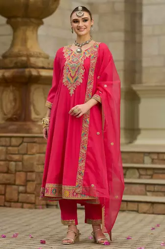 Pink embroidered silk kurta trouser dupatta set
