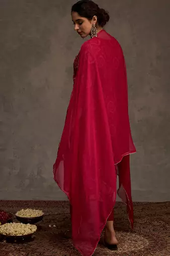 Pink printed georgette kurta trouser dupatta set