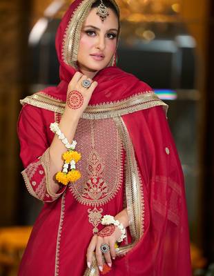 Maroon embroidered silk kurta trouser dupatta set 1