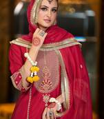 Maroon embroidered silk kurta trouser dupatta set
