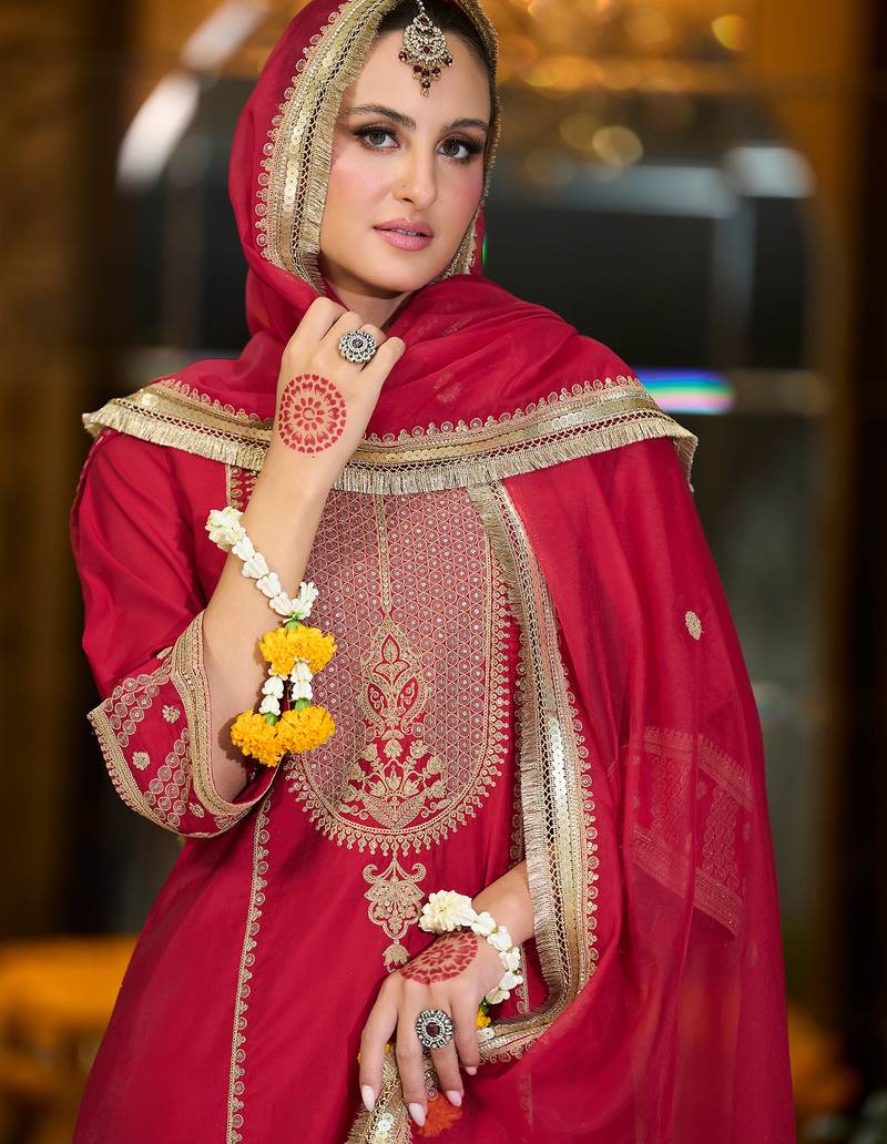 Maroon embroidered silk kurta trouser dupatta set