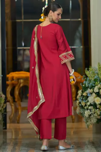 Maroon embroidered silk kurta trouser dupatta set