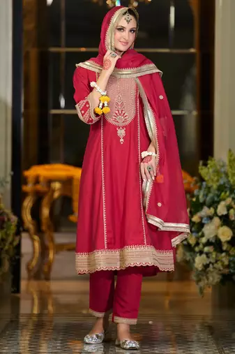 Maroon embroidered silk kurta trouser dupatta set