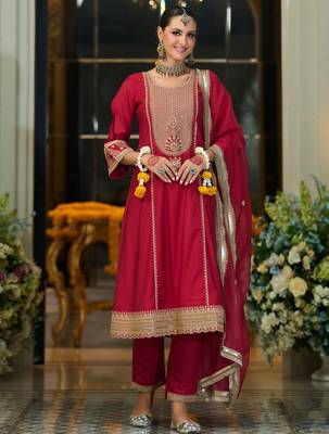 Maroon embroidered silk kurta trouser dupatta set 4