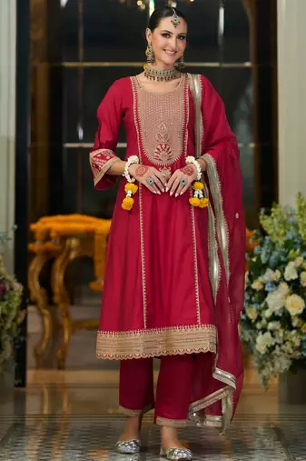 Maroon embroidered silk kurta trouser dupatta set