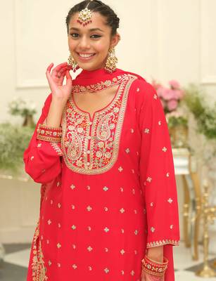 Red embroidered chinon kurta trouser dupatta set 1