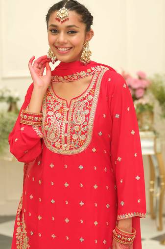 Red embroidered chinon kurta trouser dupatta set
