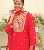 Red embroidered chinon kurta trouser dupatta set