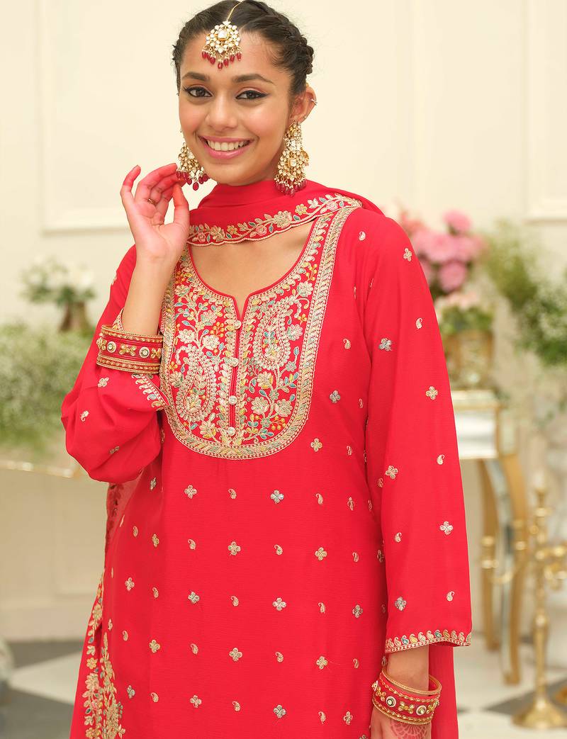 Red embroidered chinon kurta trouser dupatta set