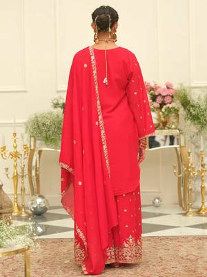 Red embroidered chinon kurta trouser dupatta set 2