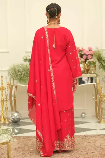 Red embroidered chinon kurta trouser dupatta set