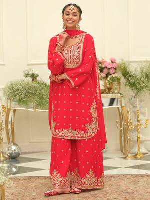 Red embroidered chinon kurta trouser dupatta set 3