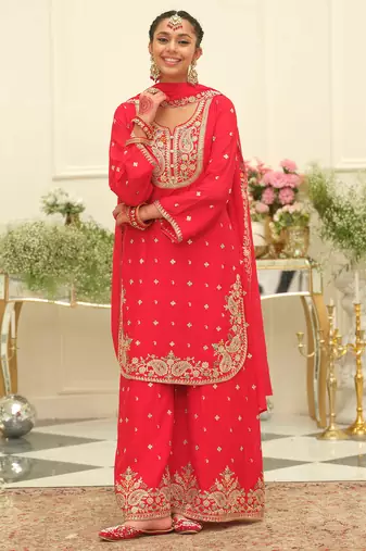 Red embroidered chinon kurta trouser dupatta set