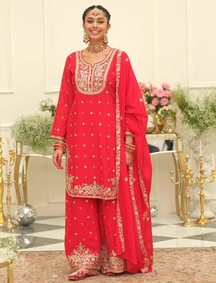 Red embroidered chinon kurta trouser dupatta set 4