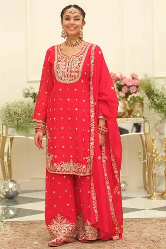 Red embroidered chinon kurta trouser dupatta set
