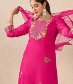 Pink embroidered silk kurta trouser dupatta set