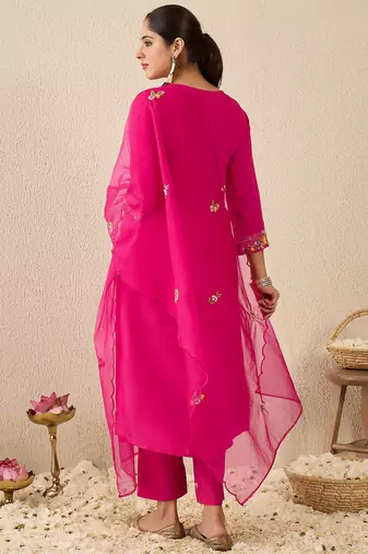 Pink embroidered silk kurta trouser dupatta set
