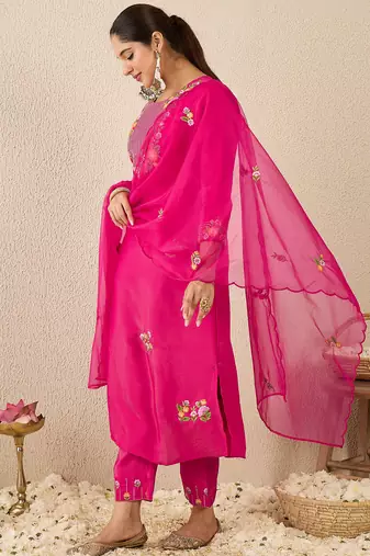 Pink embroidered silk kurta trouser dupatta set