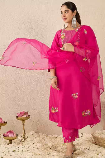 Pink embroidered silk kurta trouser dupatta set