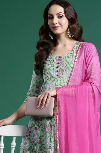 Green printed pure cotton kurta trouser dupatta set