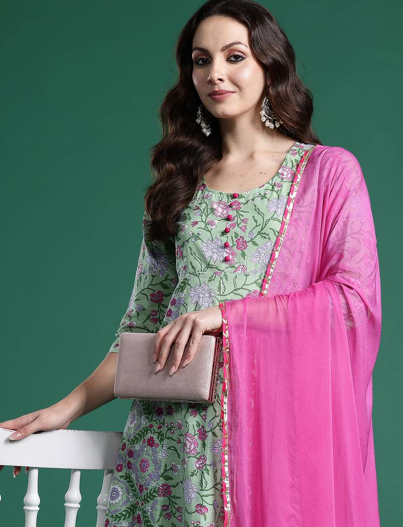 Green printed pure cotton kurta trouser dupatta set