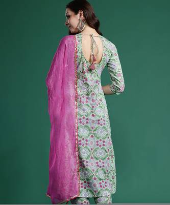 Green printed pure cotton kurta trouser dupatta set 2