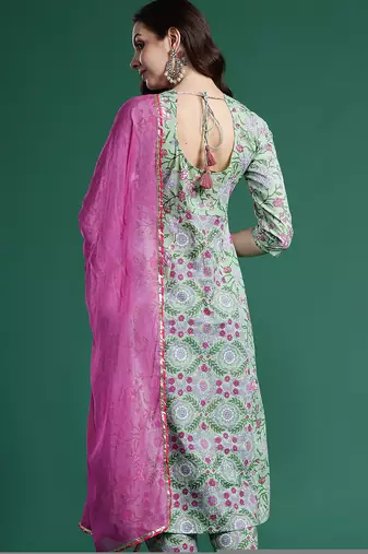 Green printed pure cotton kurta trouser dupatta set