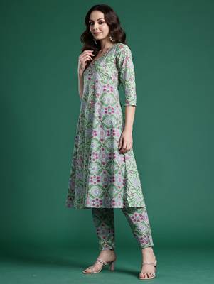 Green printed pure cotton kurta trouser dupatta set 3