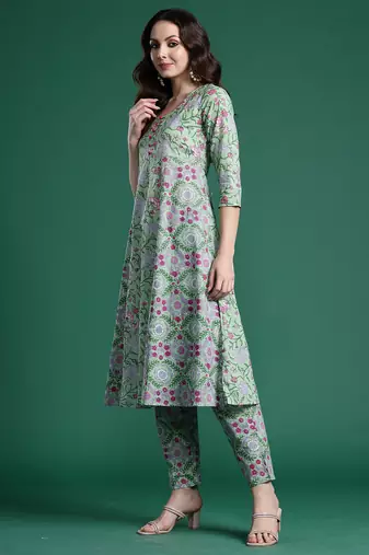 Green printed pure cotton kurta trouser dupatta set