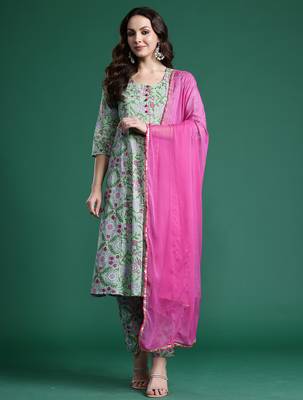 Green printed pure cotton kurta trouser dupatta set 4