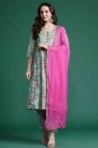 Green printed pure cotton kurta trouser dupatta set