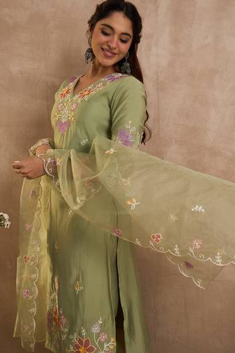 Green embroidered silk kurta trouser dupatta set