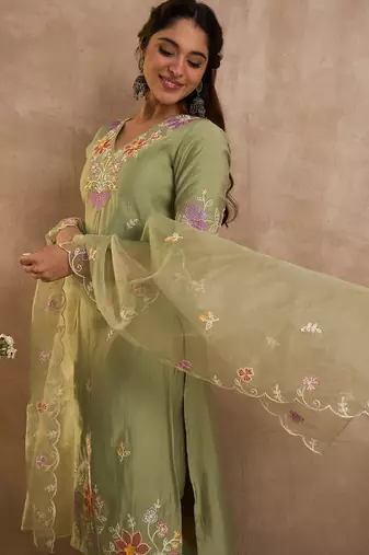 Green embroidered silk kurta trouser dupatta set