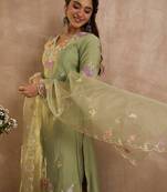 Green embroidered silk kurta trouser dupatta set