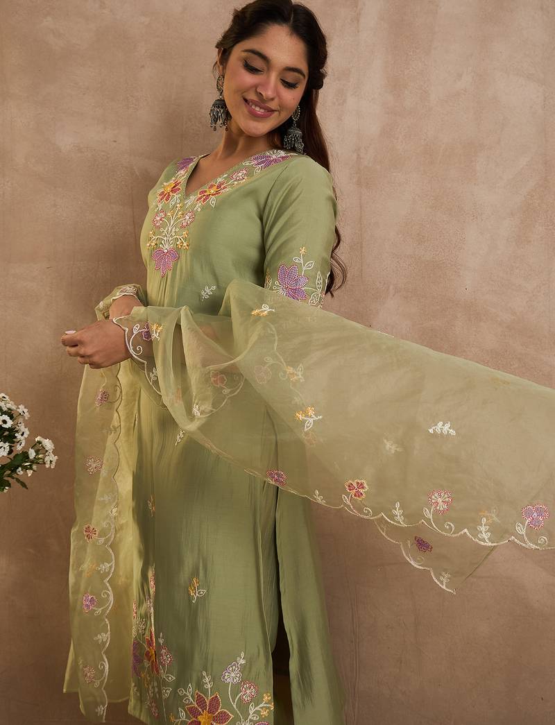 Green embroidered silk kurta trouser dupatta set