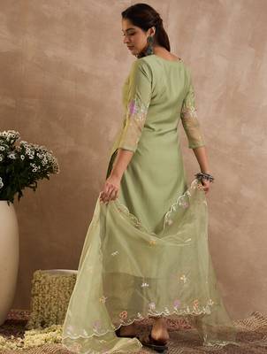 Green embroidered silk kurta trouser dupatta set 2
