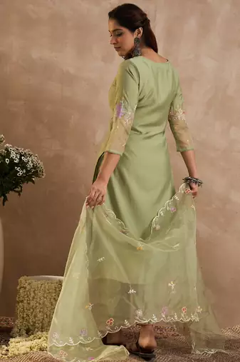 Green embroidered silk kurta trouser dupatta set