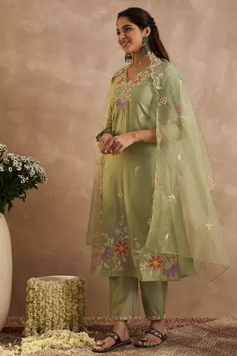 Green embroidered silk kurta trouser dupatta set