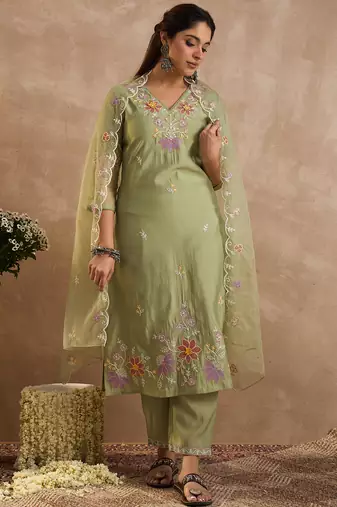 Green embroidered silk kurta trouser dupatta set