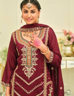 Maroon embroidered silk kurta trouser dupatta set 1