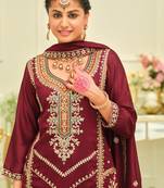 Maroon embroidered silk kurta trouser dupatta set