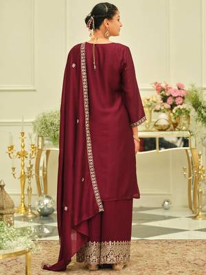 Maroon embroidered silk kurta trouser dupatta set 2