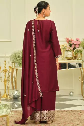 Maroon embroidered silk kurta trouser dupatta set