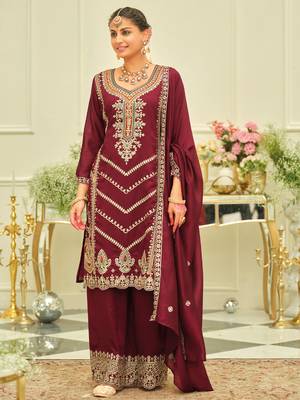 Maroon embroidered silk kurta trouser dupatta set 4
