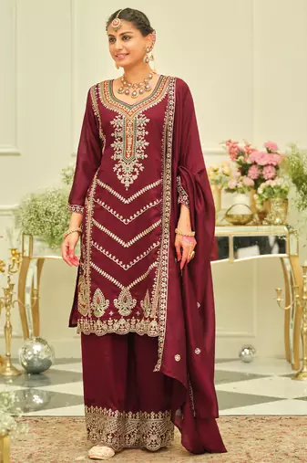 Maroon embroidered silk kurta trouser dupatta set
