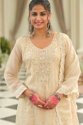 Beige embroidered silk kurta trouser dupatta set